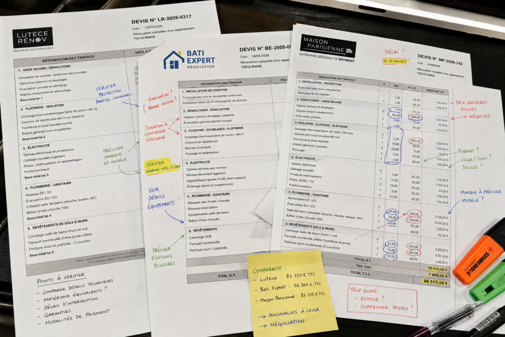 Comparaison de plusieurs devis de rénovation avec annotations, vérification des prestations et des prix