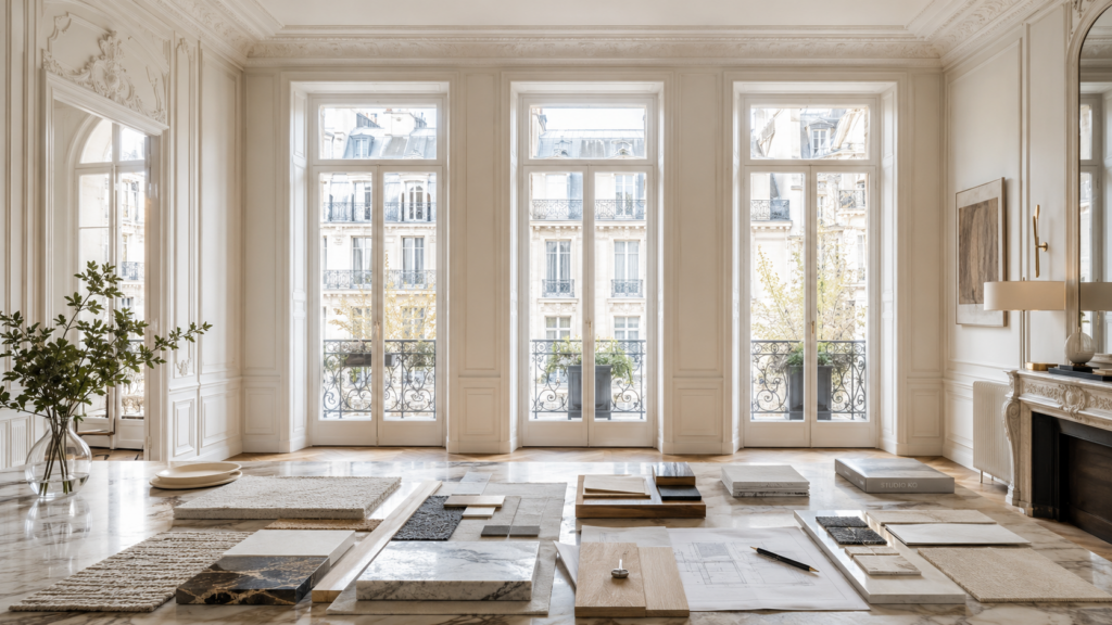 Table d’échantillons de matériaux dans une grande pièce haussmannienne lumineuse à Paris