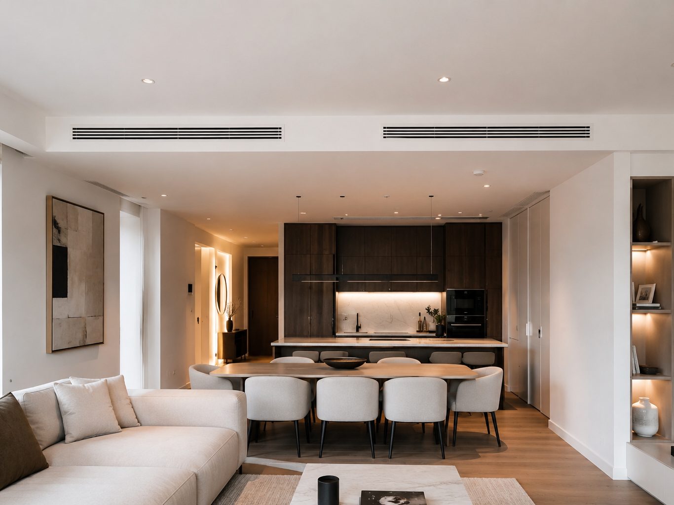 Installation de climatisation gainable dans un appartement moderne avec grilles discrètes intégrées au plafond