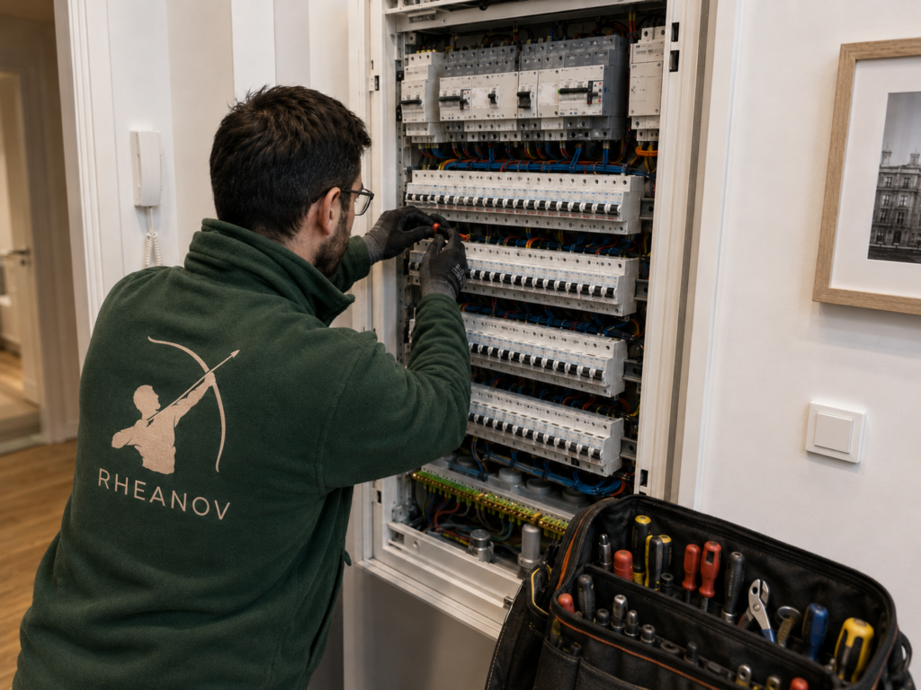 Intervention d’urgence en électricité et plomberie avec technicien devant un tableau électrique