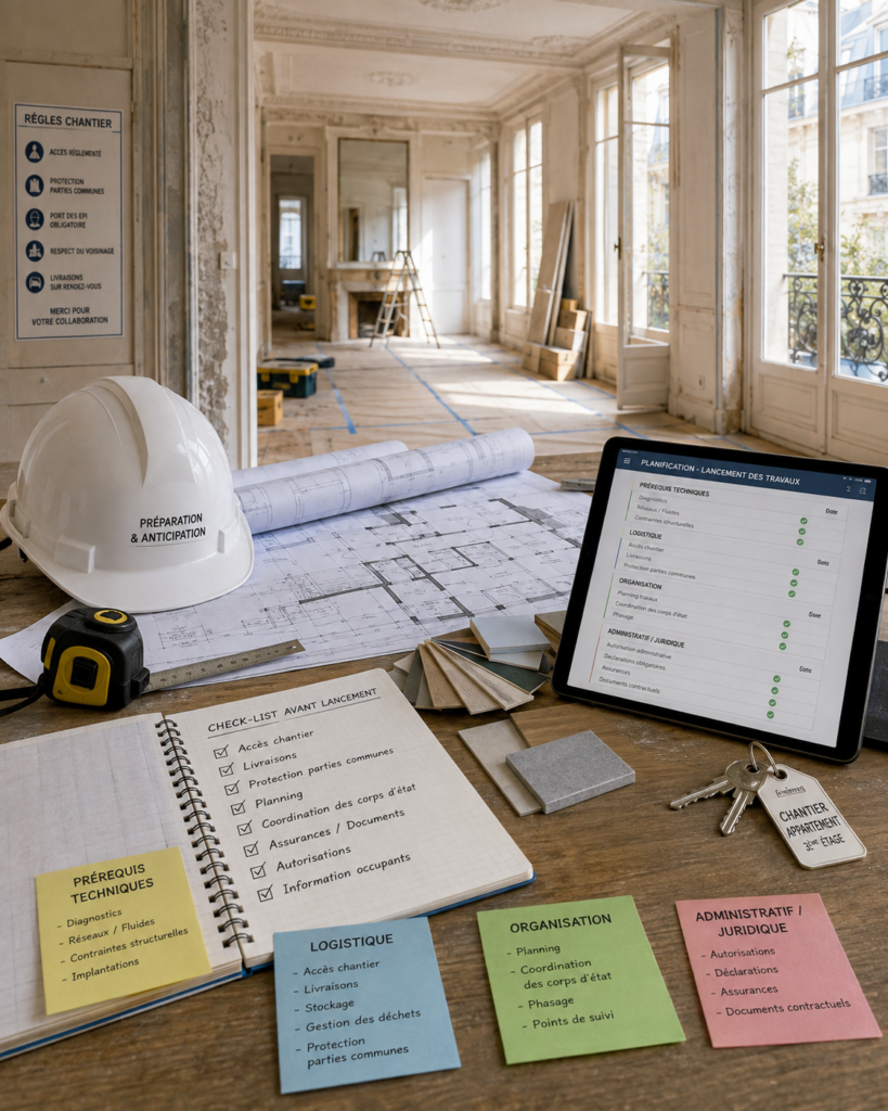 Préparation d’un chantier avec plans, planning, matériaux et vérification des prérequis avant démarrage des travaux