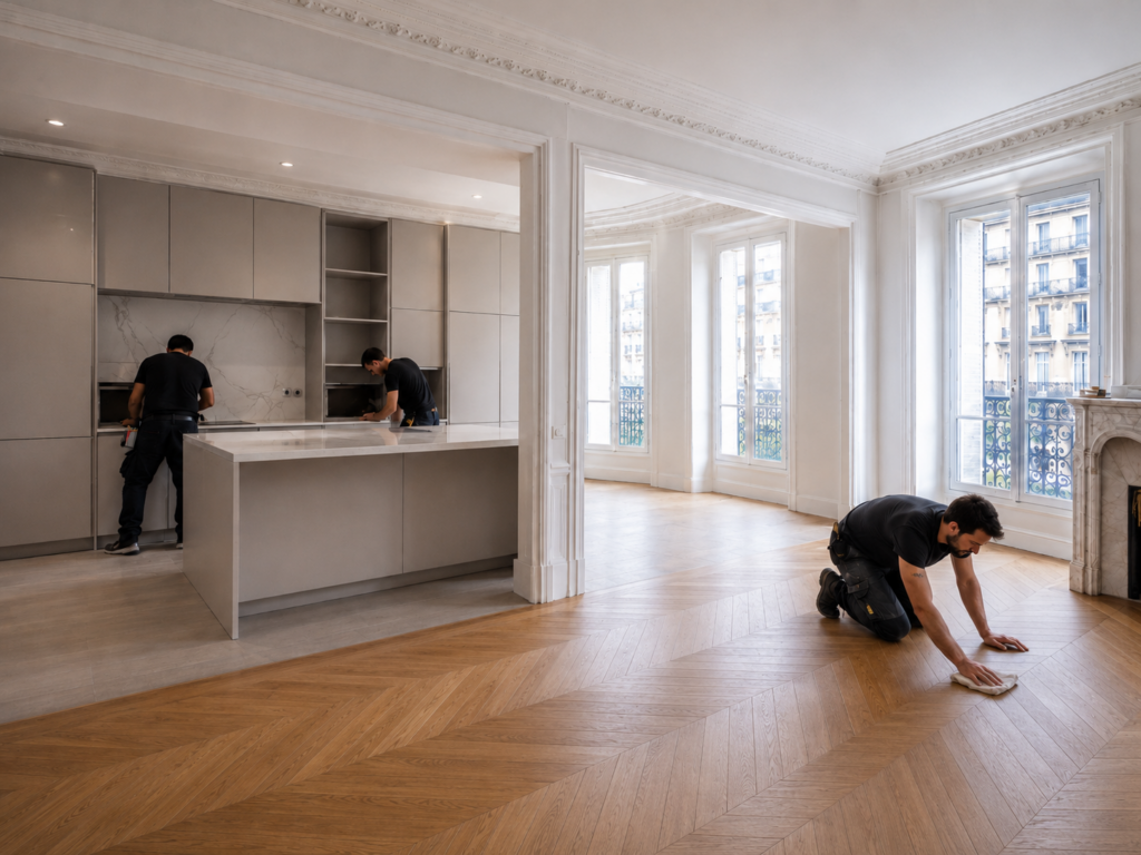 Rénovation d’un appartement parisien avec pose de parquet et aménagement d’un espace de vie lumineux