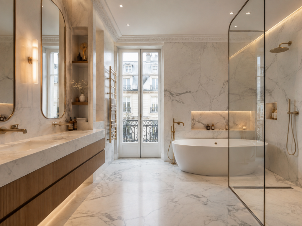 Salle de bain rénovée dans un style haut de gamme avec baignoire, douche vitrée et finitions élégantes