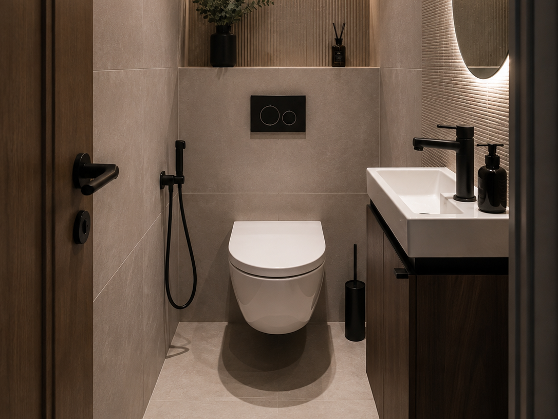 Rénovation de WC suspendus avec lave-mains design, carrelage soigné et douchette