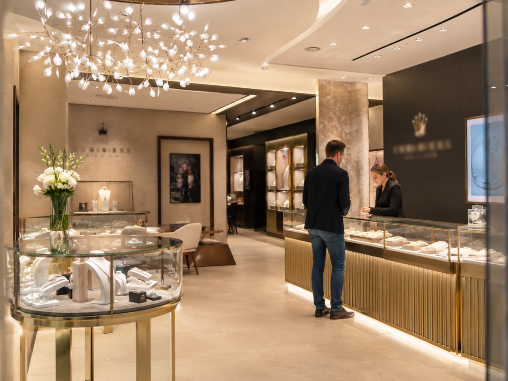 Aménagement d’une boutique de joaillerie avec vitrines, éclairage et mobilier commercial