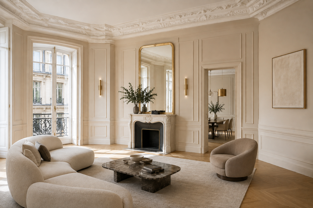 Salon haussmannien lumineux et élégant