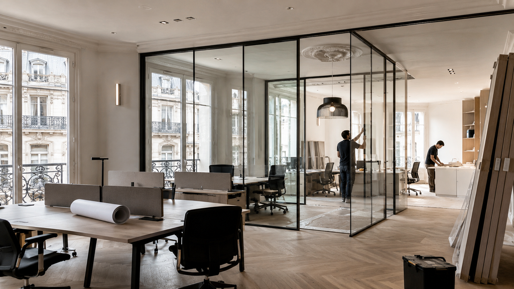 Aménagement et rénovation de bureaux à Paris accompagnés par Rheanov avec coordination des entreprises et des différents corps d’état.