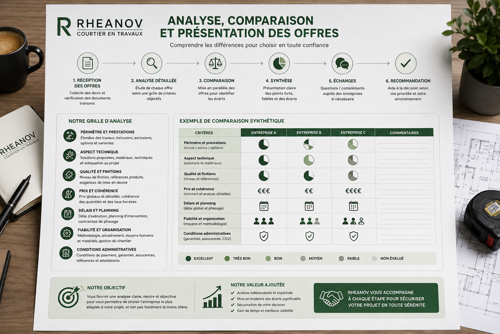 Analyse et comparaison de devis de travaux pour vérifier les prestations, prix et périmètres à Paris