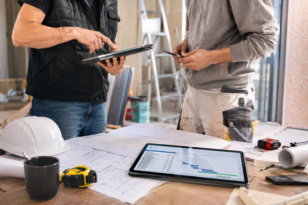 Réunion de chantier avec prise de notes sur tablette pour coordonner les différents intervenants à Paris