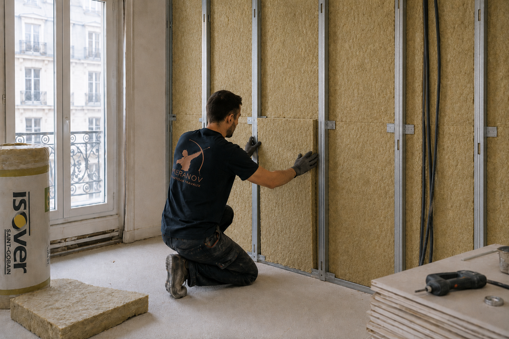 Isolation thermique d’un mur par l’intérieur avec pose de laine de verre à Paris