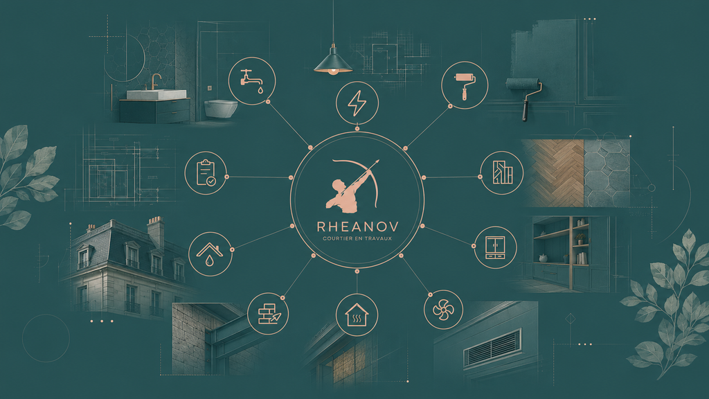 Schéma des expertises travaux Rheanov à Paris : plomberie, électricité, peinture, sols, menuiserie, CVC, isolation, structure et façade.