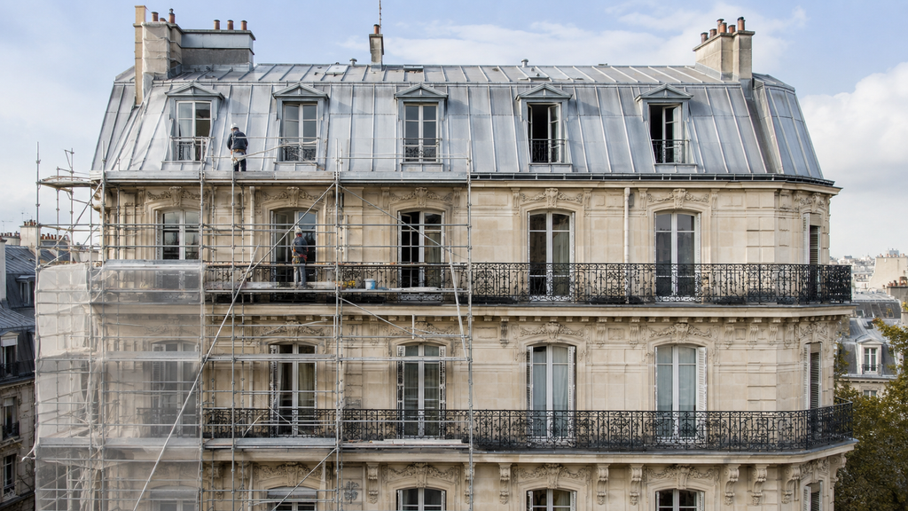 Échafaudage installé pour des travaux de ravalement de façade d’un immeuble parisien