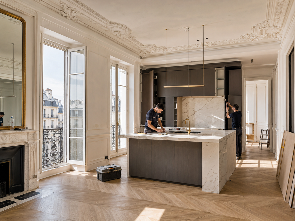Projet de rénovation d’appartement à Paris avec coordination des travaux de plomberie, électricité, peinture, sols et menuiserie.