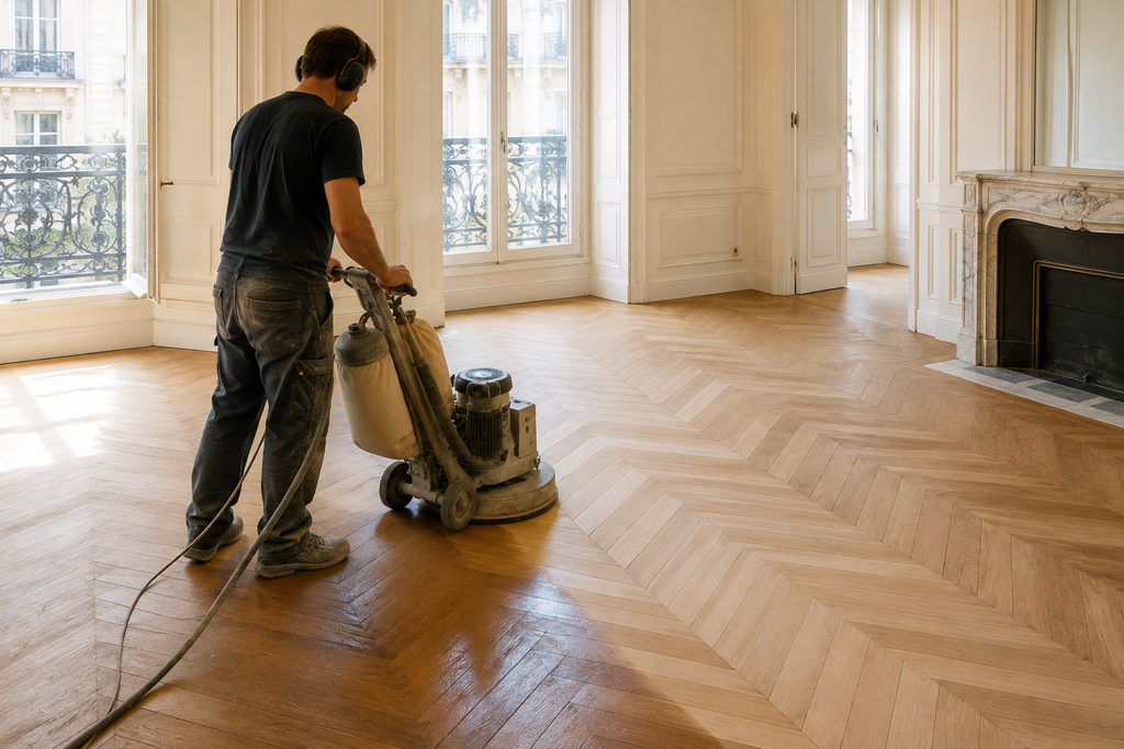 Ponçage d'un parquet en point de hongrie