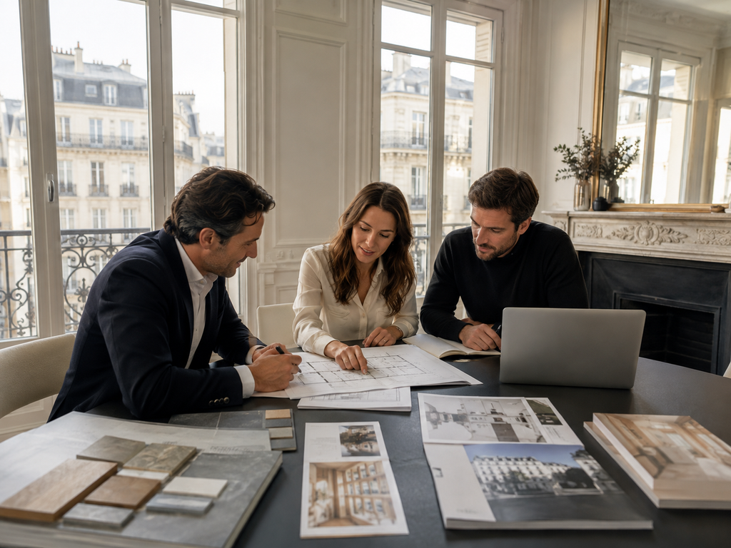 Professionnels de l’immobilier préparant un projet de rénovation à Paris avec les entreprises et partenaires accompagnés par Rheanov.