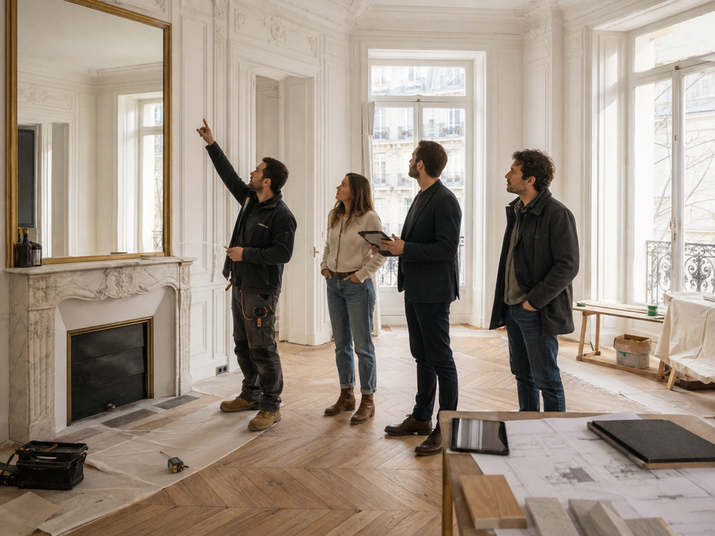 Réunion de fin de chantier avec les clients pour le suivi des réserves et la réception des travaux à Paris