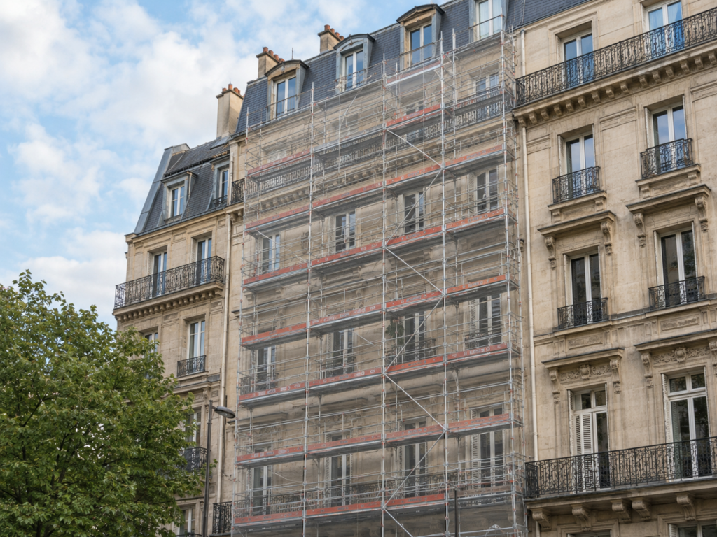 Ravalement d’un immeuble haussmannien à Paris avec échafaudage dans le cadre de travaux de copropriété