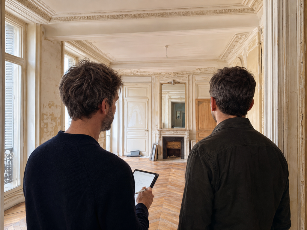 Visite d’un appartement à Paris pour cadrer un projet de rénovation et identifier ses contraintes